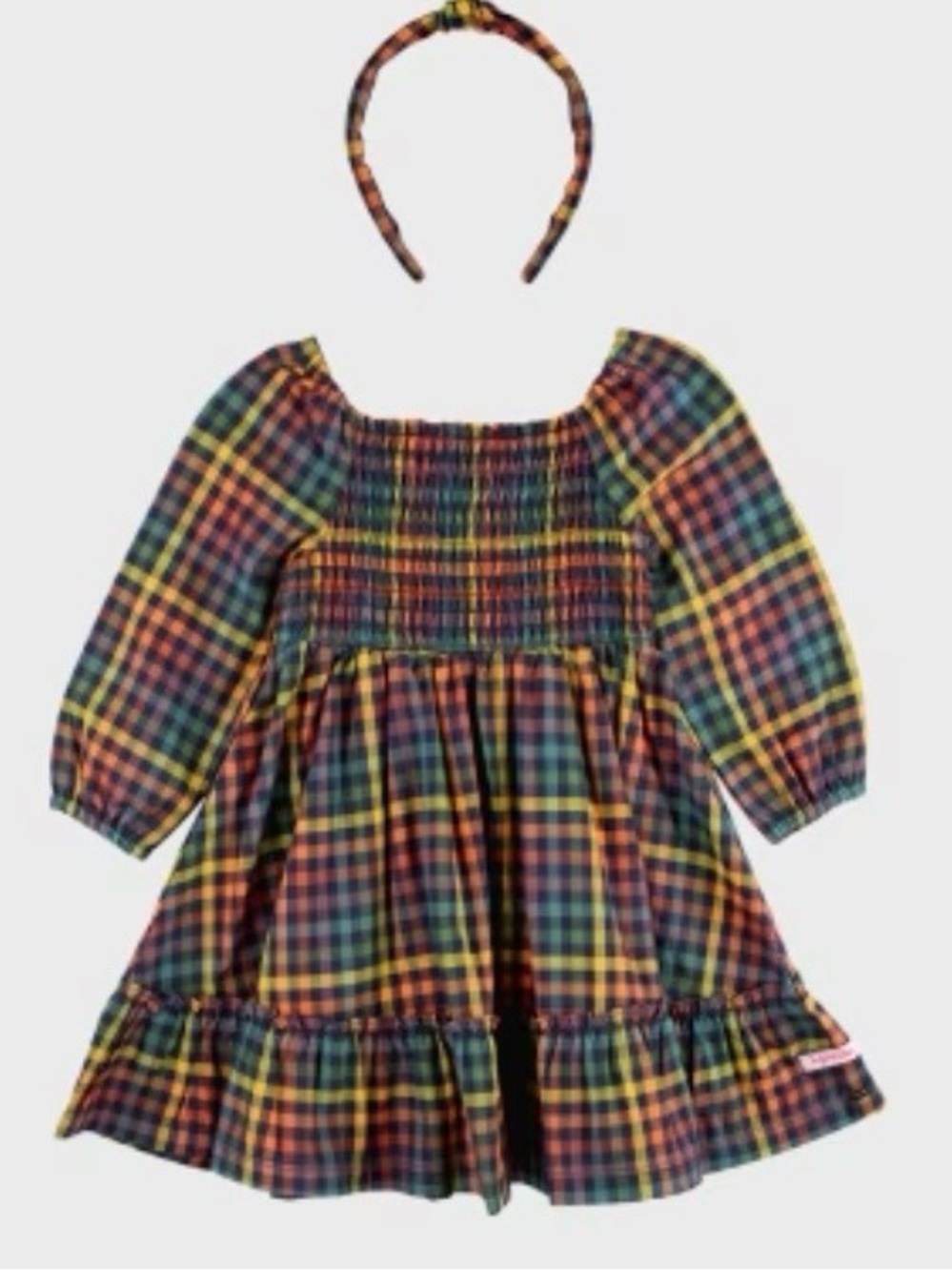 Rufflebutts Rainbow Gingham Smocked Dress and headband